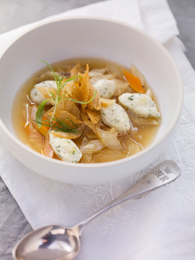 Bread soup with hake dumplings and dill