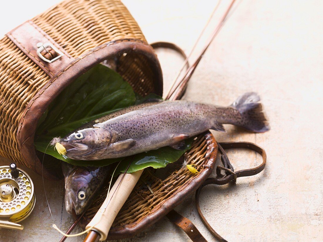 An arrangement of two whole trout and a basket