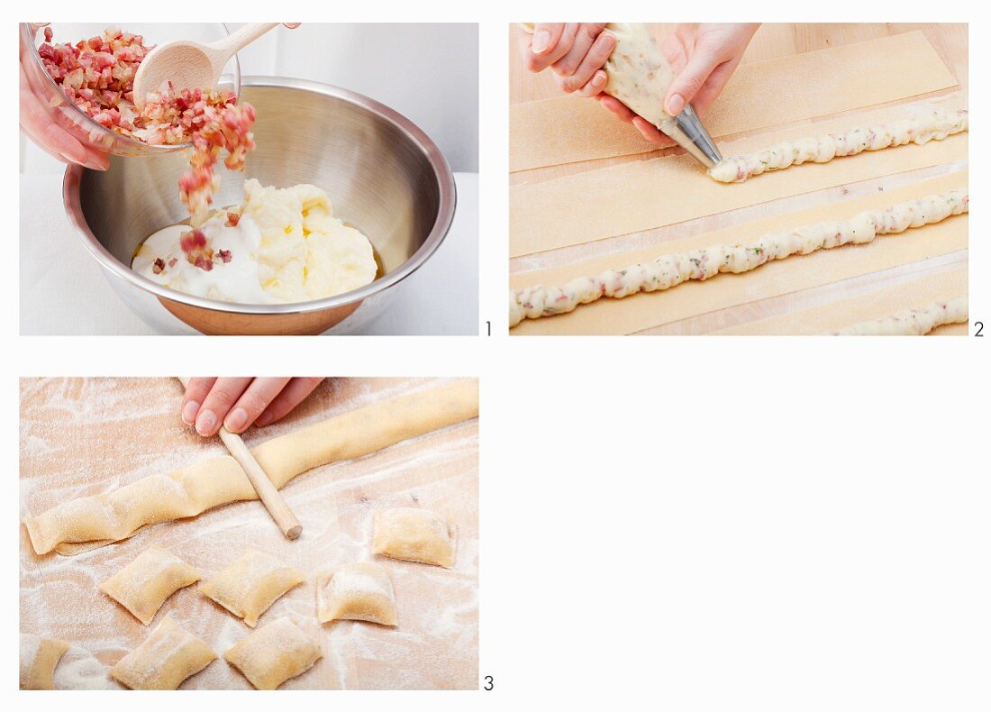 Ravioli with a potato and greaves filling being made