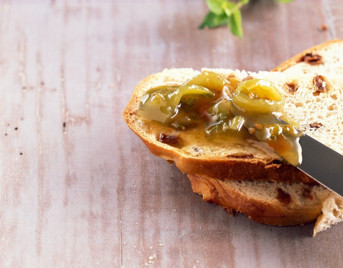 Green tomato chutney on bread