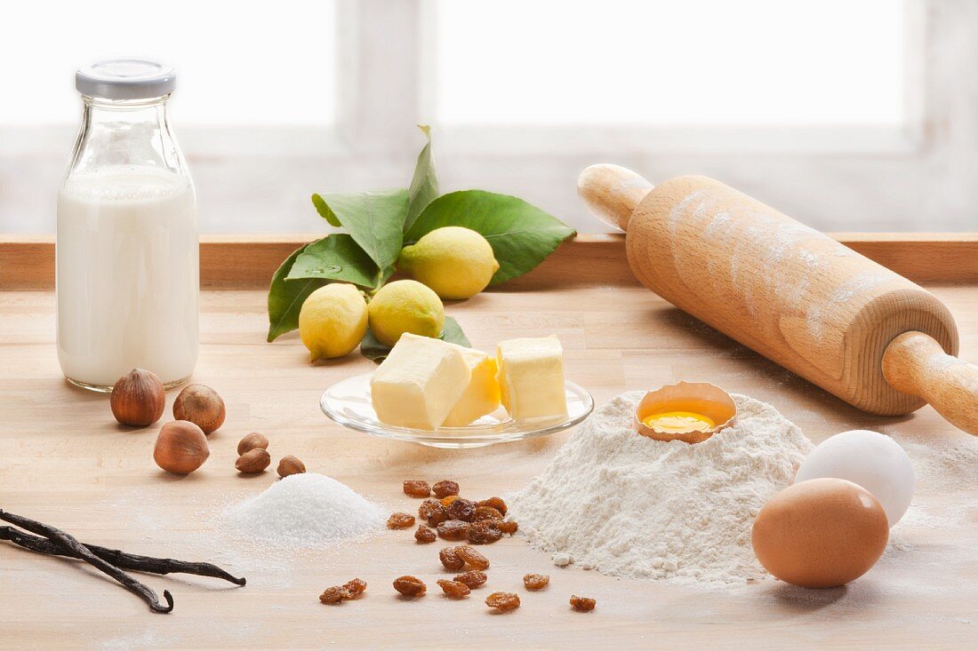 An arrangement of baking ingredients on a kitchen counter