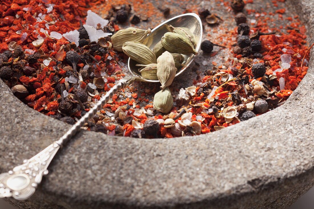 Spices for a spice mixture in a stone mortar and on a spoon