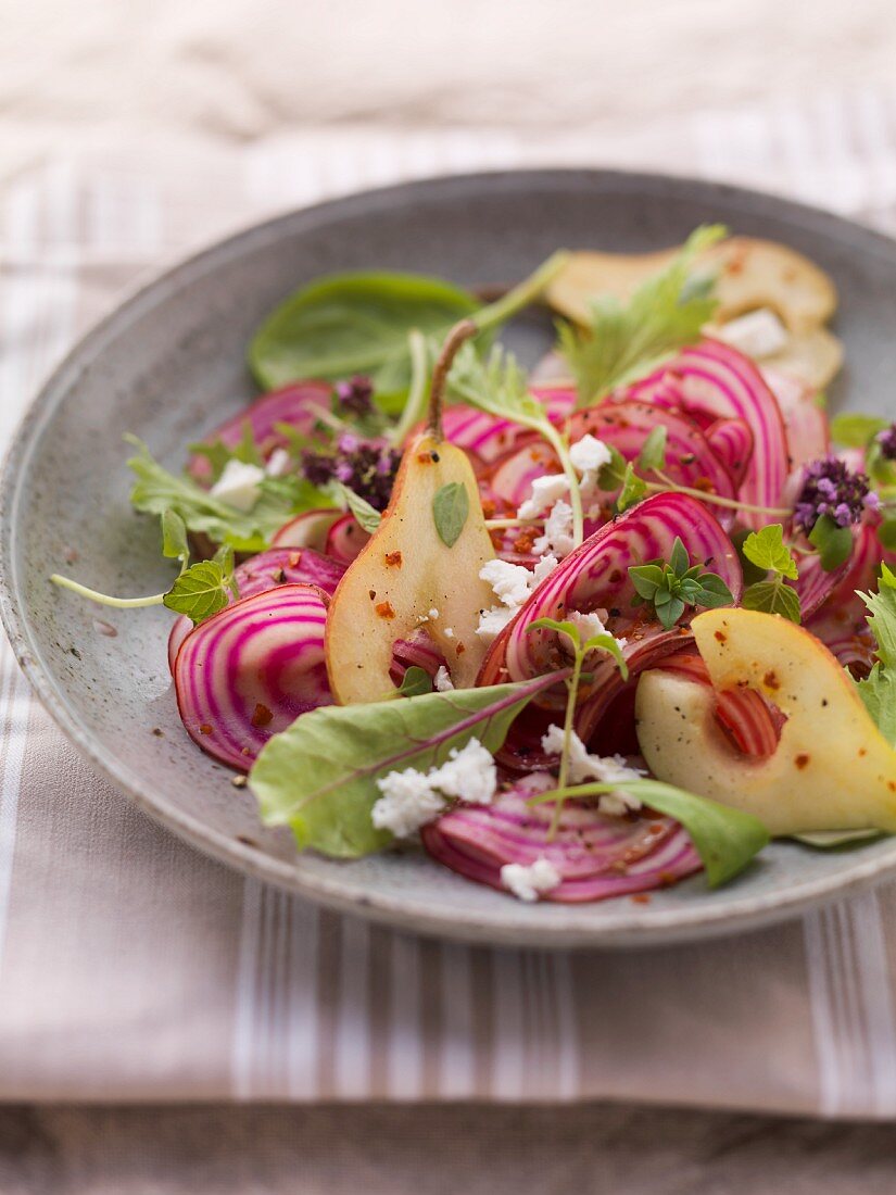 An autumnal vegetable salad with pears