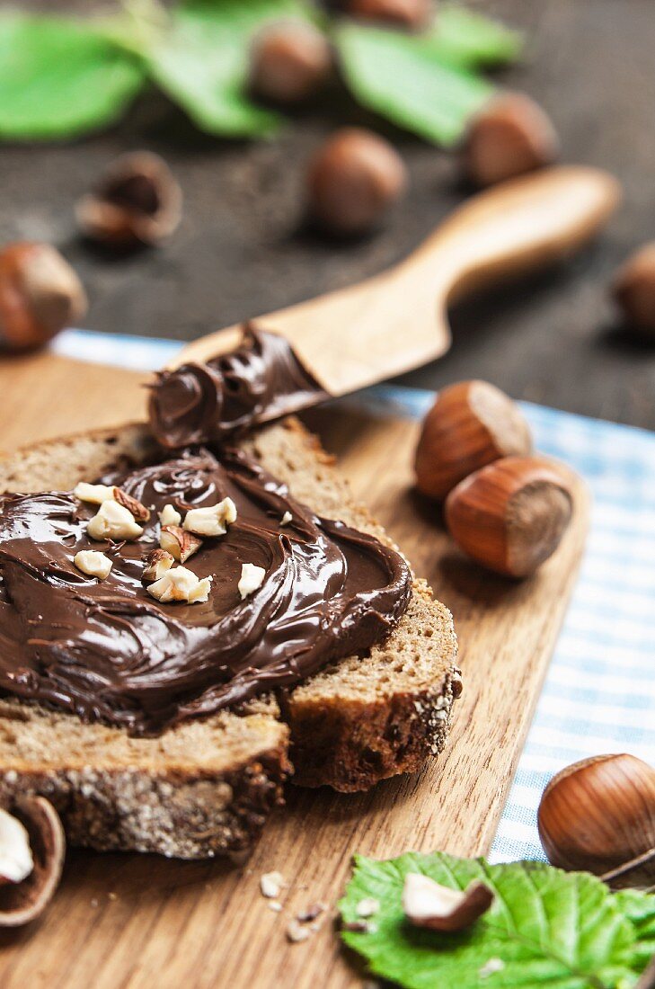A slice of wholemeal bread with chocolate spread