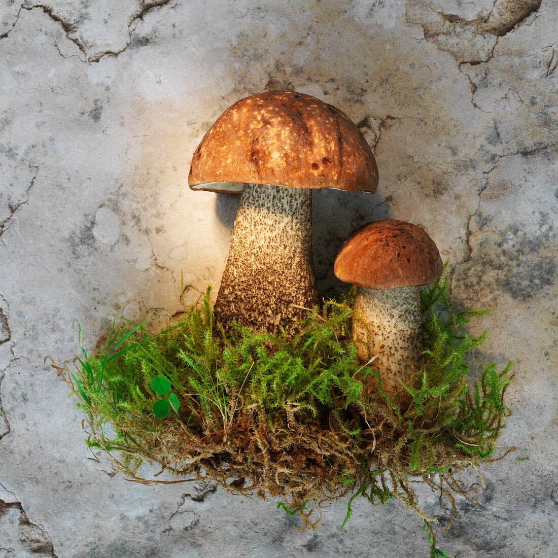 Birch bolete mushrooms with moss