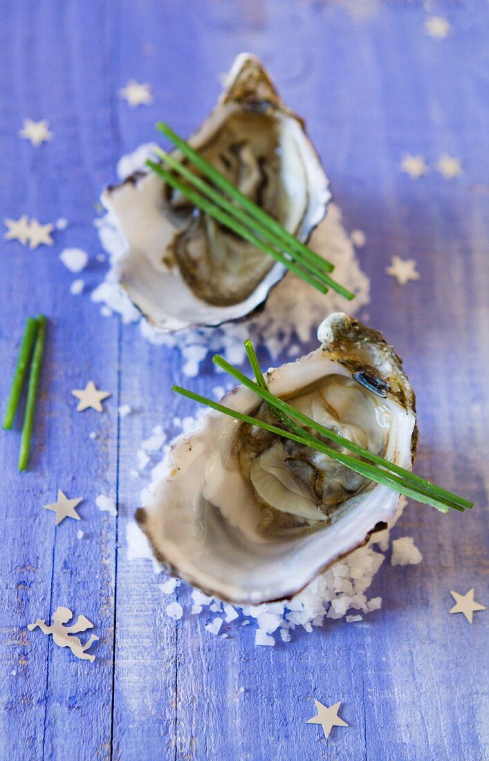 Fresh oysters with chives for Christmas