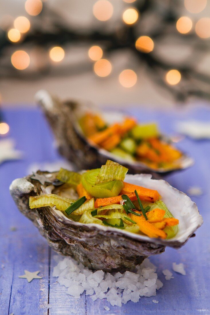 Oysters filled with vegetables for Christmas