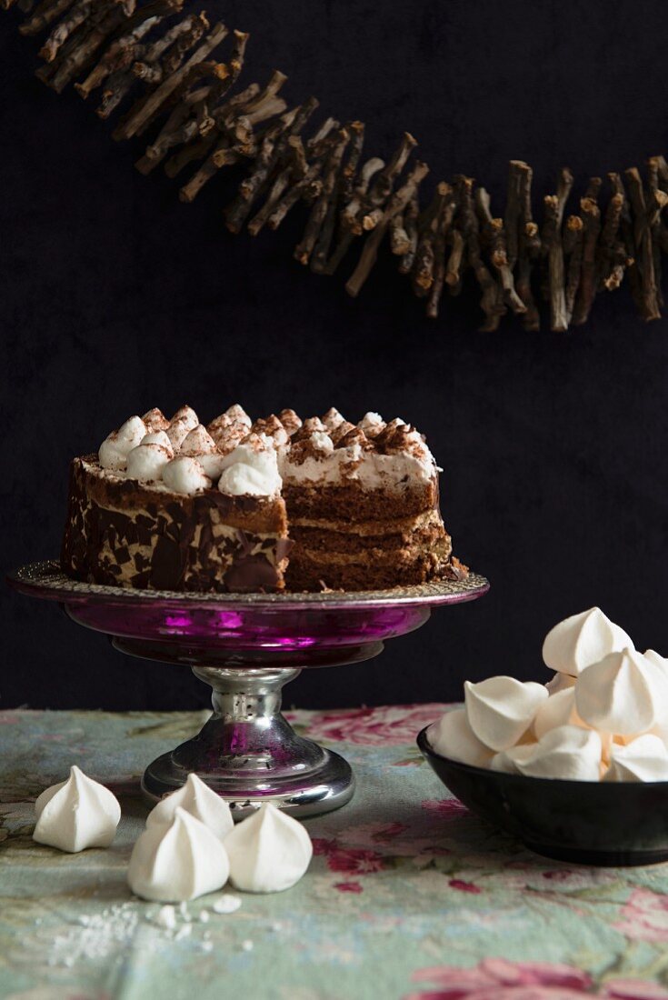 Chocolate cake with a meringue topping for Christmas