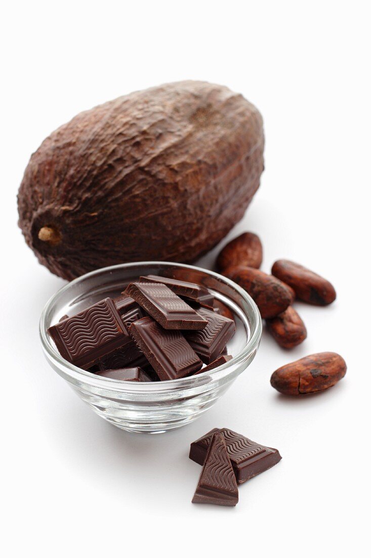 Schokoladenstücke und Kakaobohnen