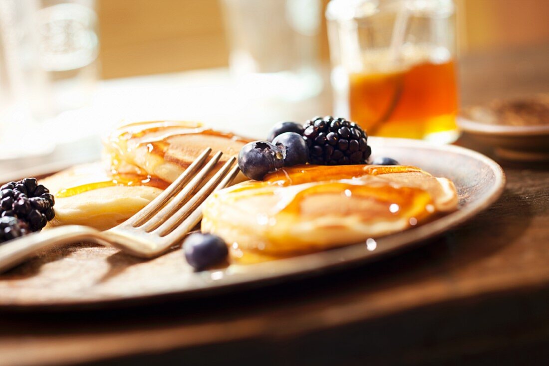 Pancakes with Blueberries, Blackberries and Honey