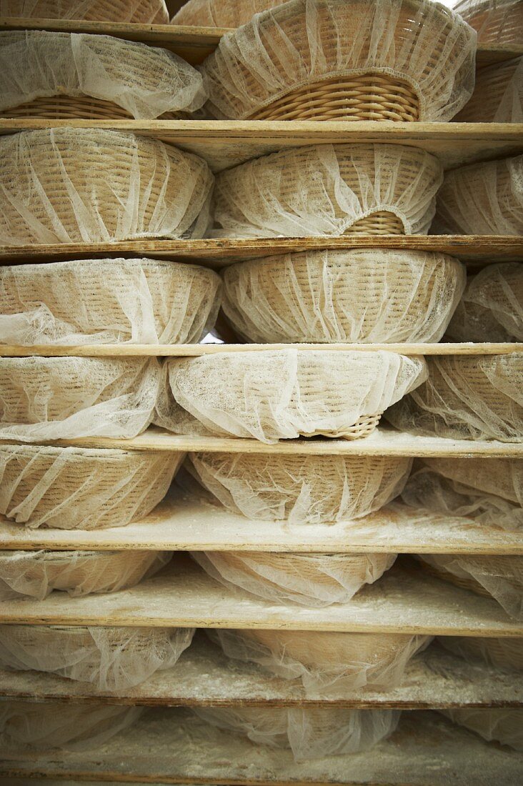 Shelves of Bread Proofing Baskets in a Bakery