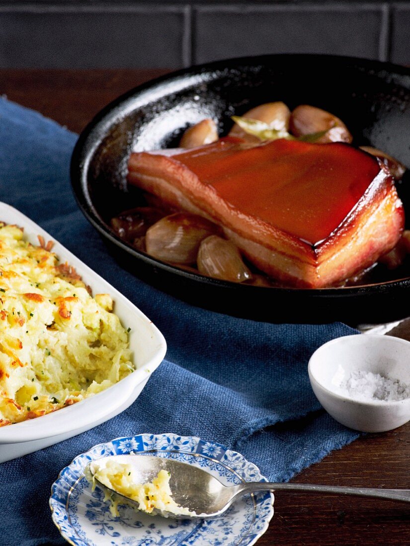 Cider-braised bacon with rumbledethumps (potato cabbage bake, Scotland)