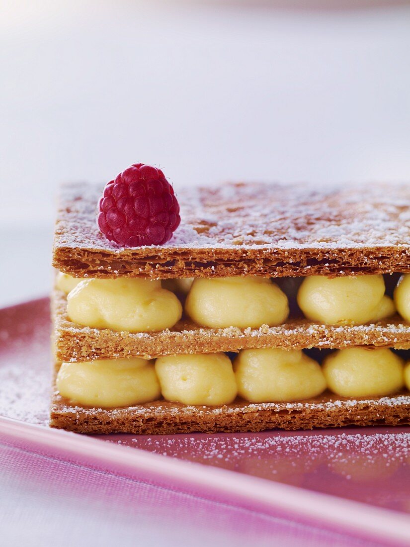 Mille feuilles with vanilla cream and raspberries