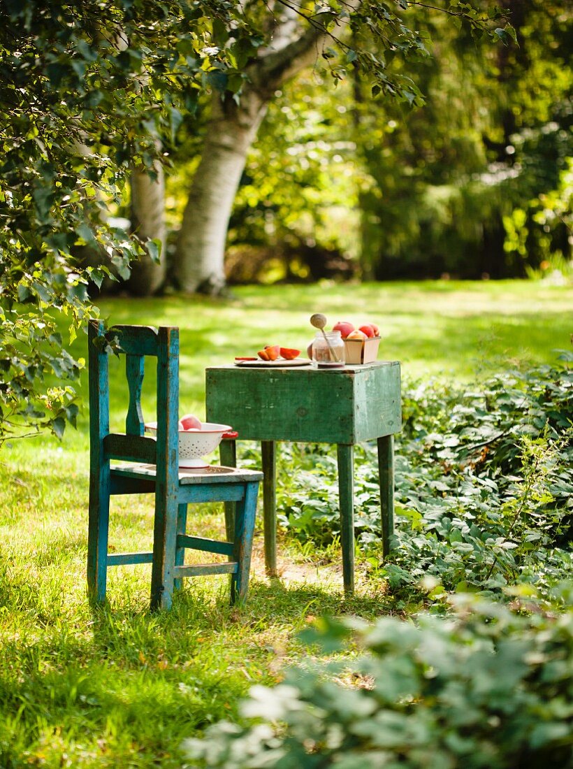 Peaches on an Old Outdoor Table and Chair