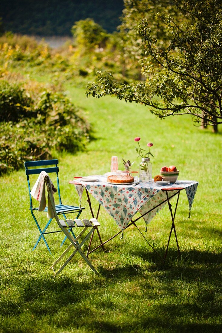 Gedeckter Tisch im Garten mit Pfirsichkuchen und frischen Pfirsichen