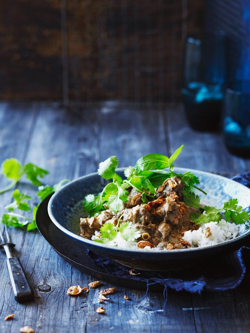 Braised beef with coconut milk and Vietnamese mint, served with rice