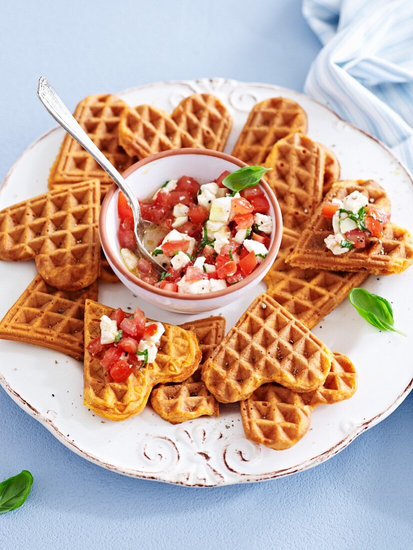 Savoury waffles with tomato salsa and feta