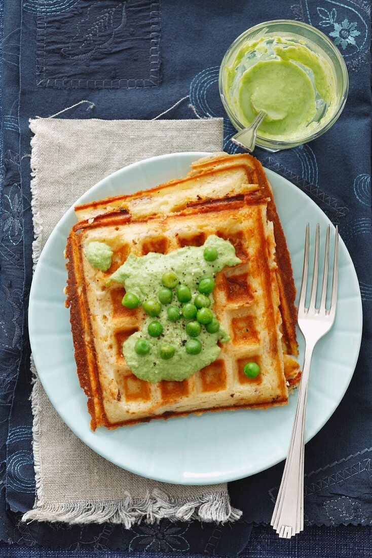 Parmesan waffles with pea sauce