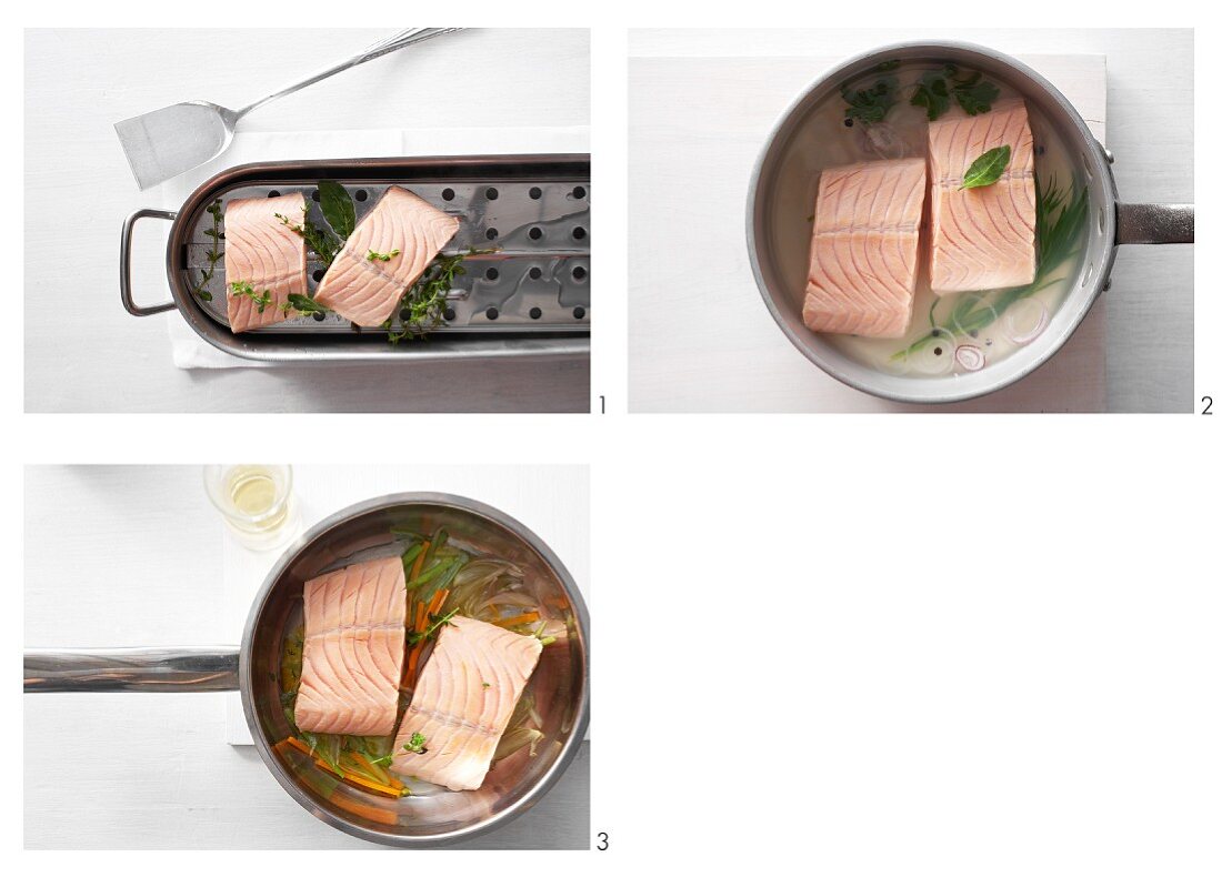 Salmon being steamed and poached