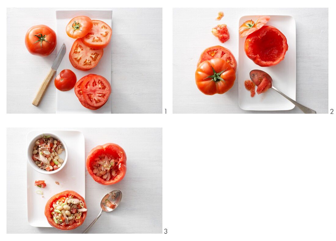 Beefsteak tomatoes with a tuna and bean filling being made