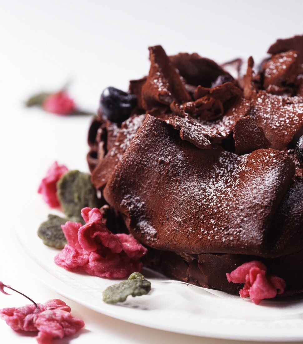 Chocolate gateau with cranberries and candied flowers