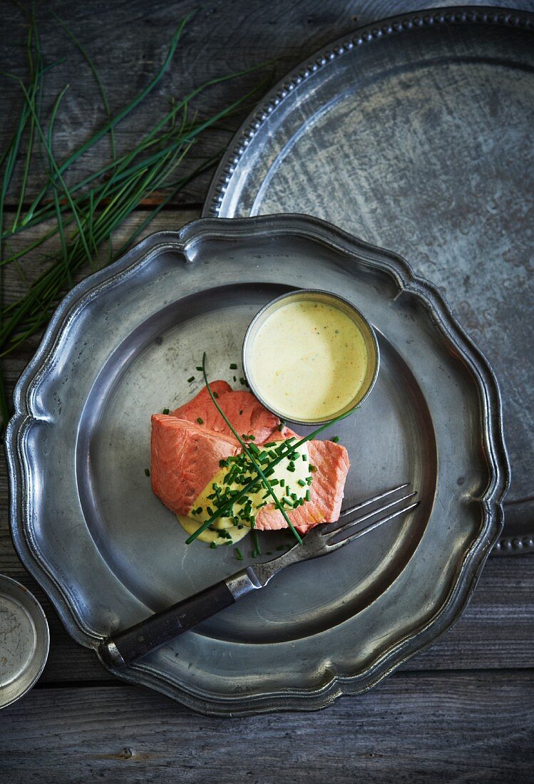 Herb Poached Salmon with Chives and Hollandaise Sauce; From Above