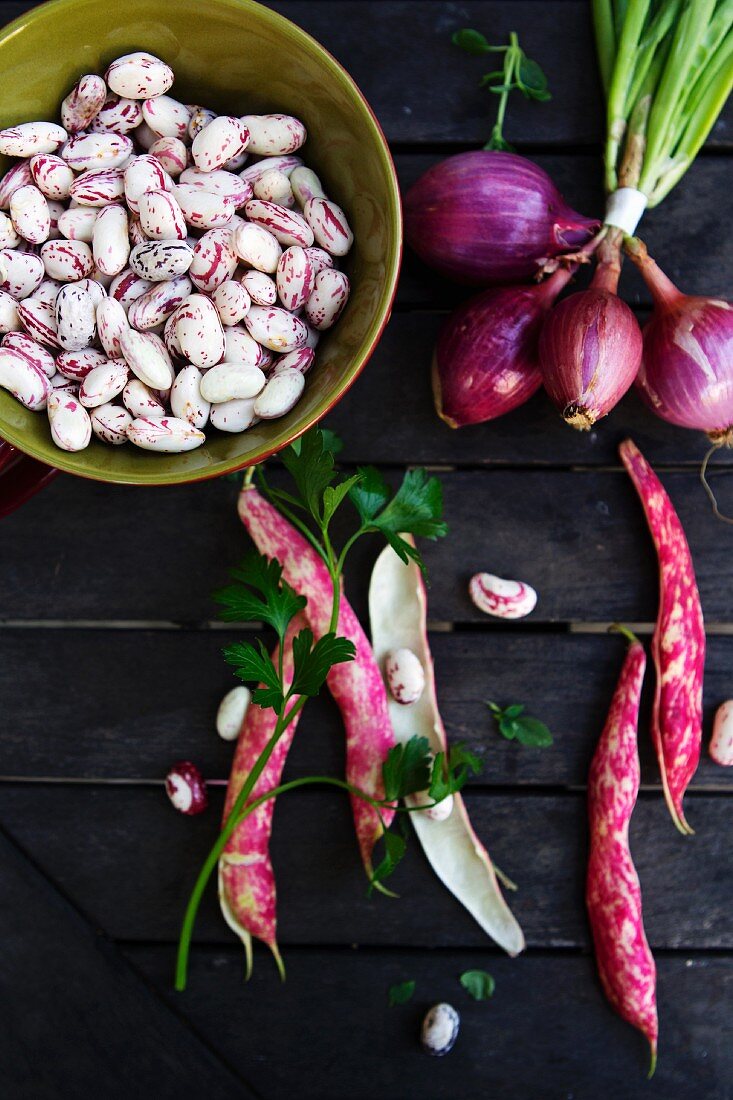 Cranberry Beans In and Out of the Pod with a Bunch of Red Onions; From Above