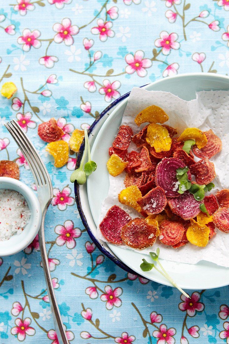 Plate of Multi-Colored Beet Chips with Salt