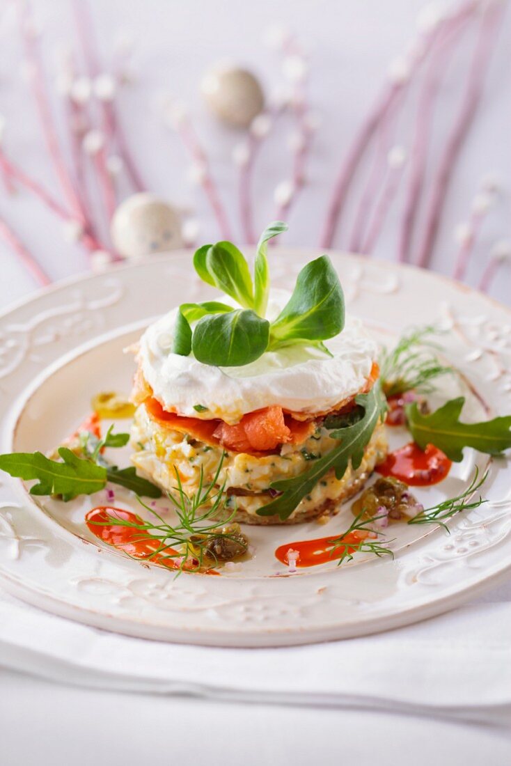 Salmon and egg layered on a potato cake for Easter