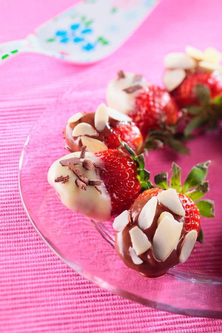 Strawberries with dark and white chocolate coating