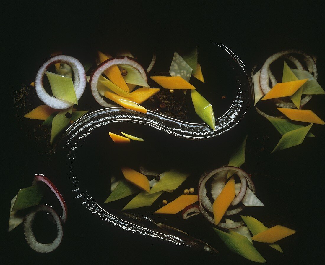 Aal sauer mit roten Zwiebelringen & rautenförmiges Gemüse