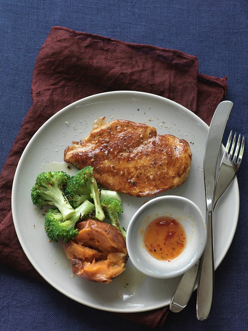 Dinner Plate with Chicken Breast, Sweet Potato and Broccoli; From Above