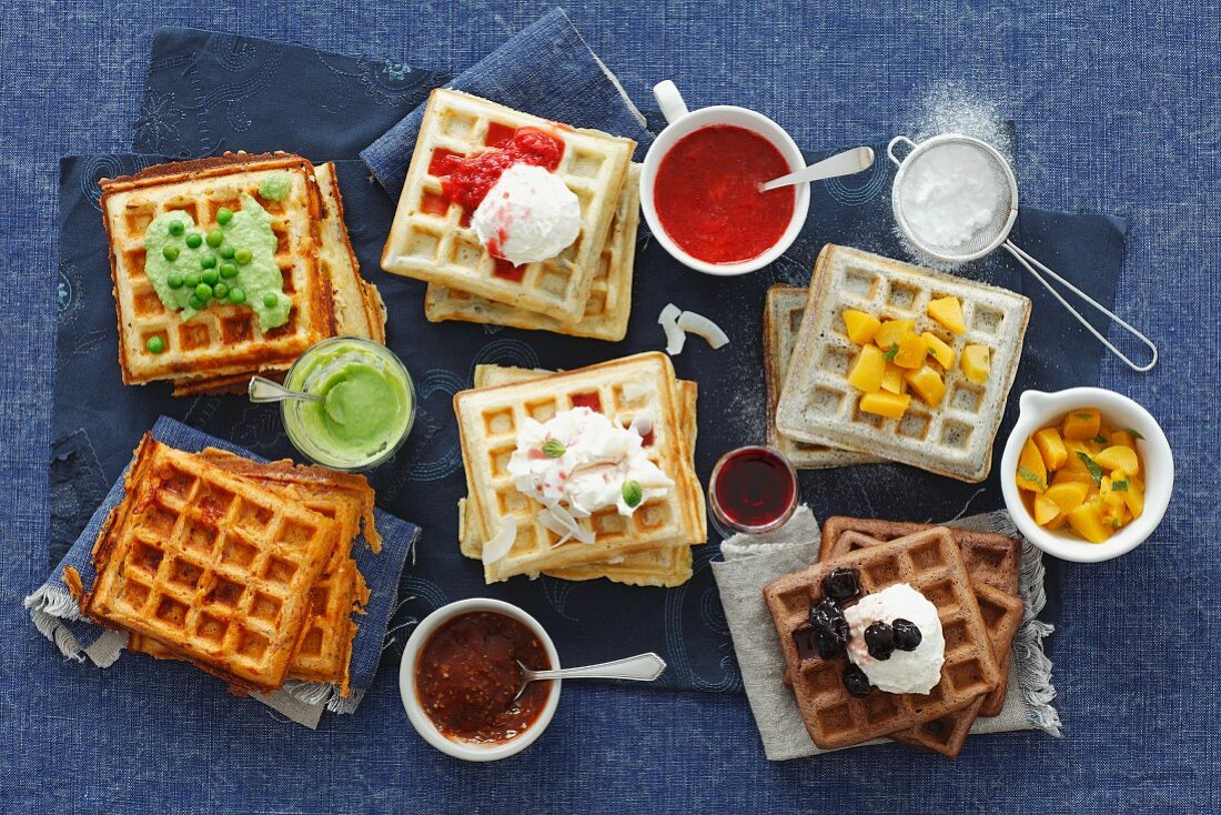 An assortment of sweet and savoury waffles