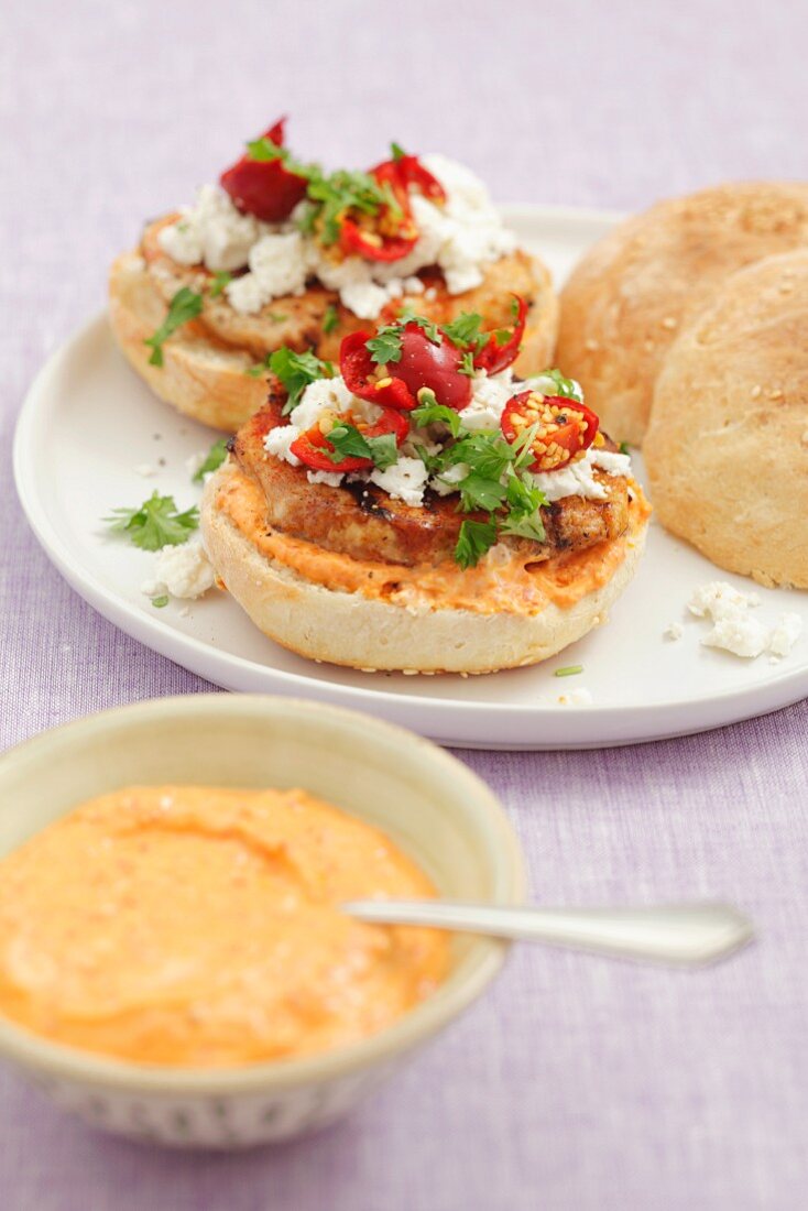 Home-made burger of pork fillet, ajvar, goat's cheese and chilli peppers