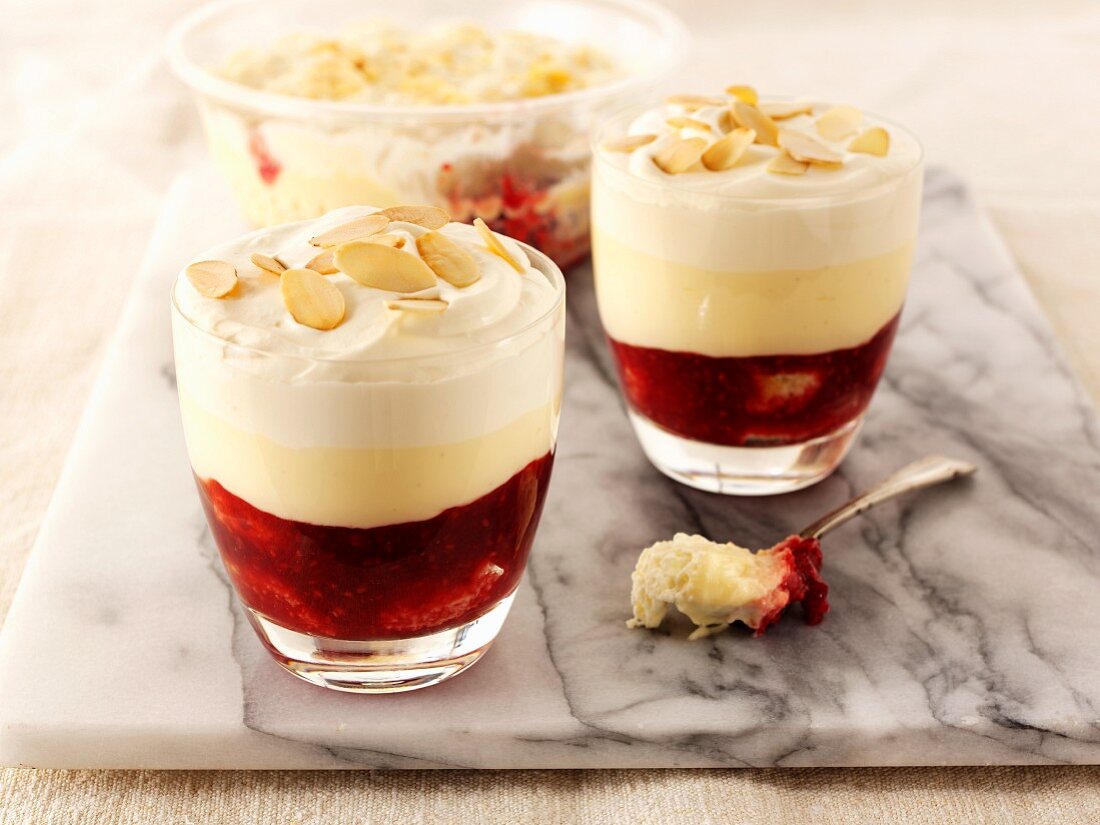 Cherry trifle with sliced almonds