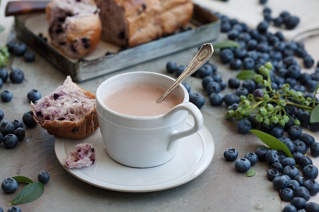 Hot chocolate with cinnamon, with a piece of sweet blueberry bread
