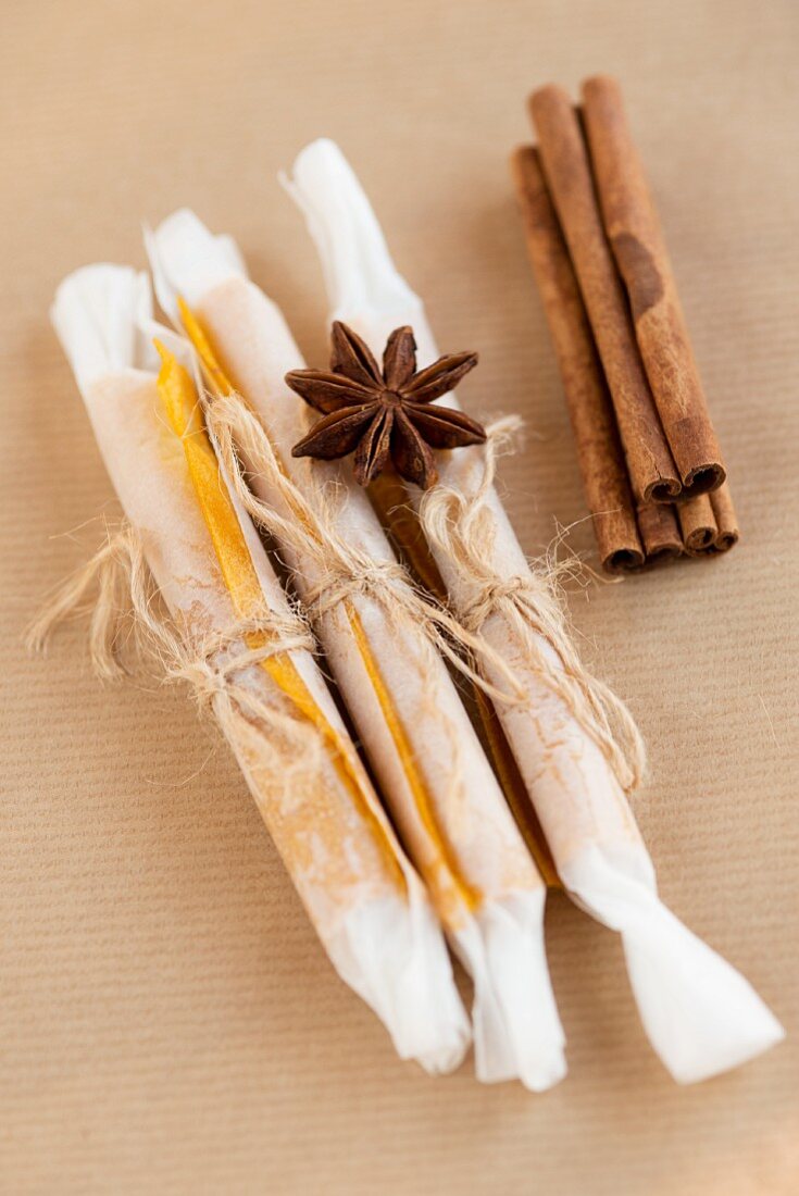 Apple fruit leather rolled in white paper