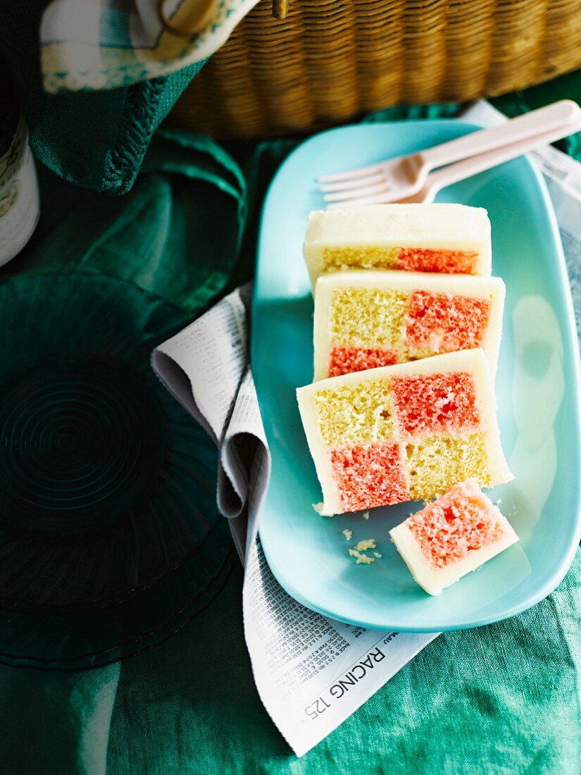 Battenburg cake at a picnic