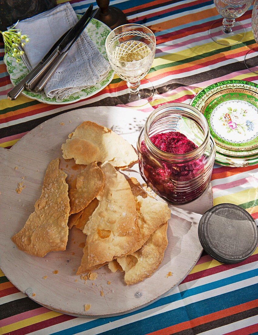 Lavash crackers with a beetroot dip