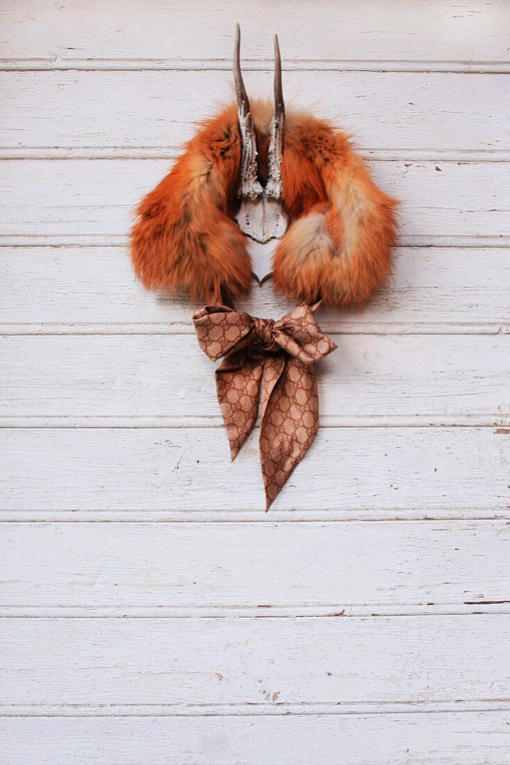 Antlers draped with fur collar and bow tie on white-painted board wall