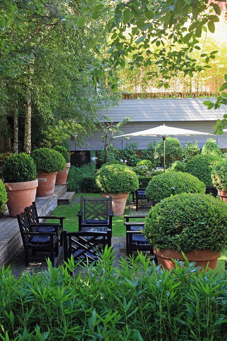 Mediterrane Gartenanlage mit Buchsbaum Töpfen und schwarzer Outdoor Bestuhlung