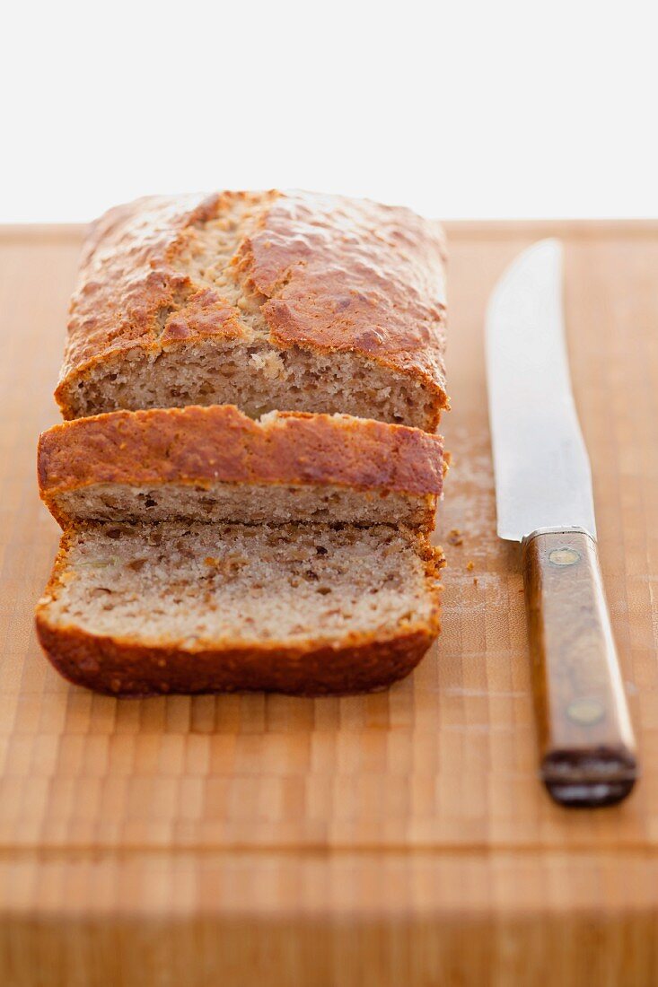 Sliced, freshly baked banana bread