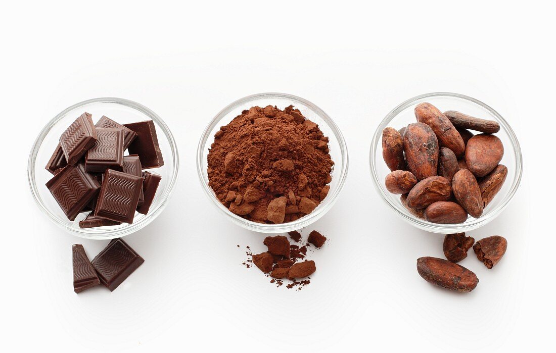 Squares of chocolate, cocoa powder and cocoa beans in glass dishes