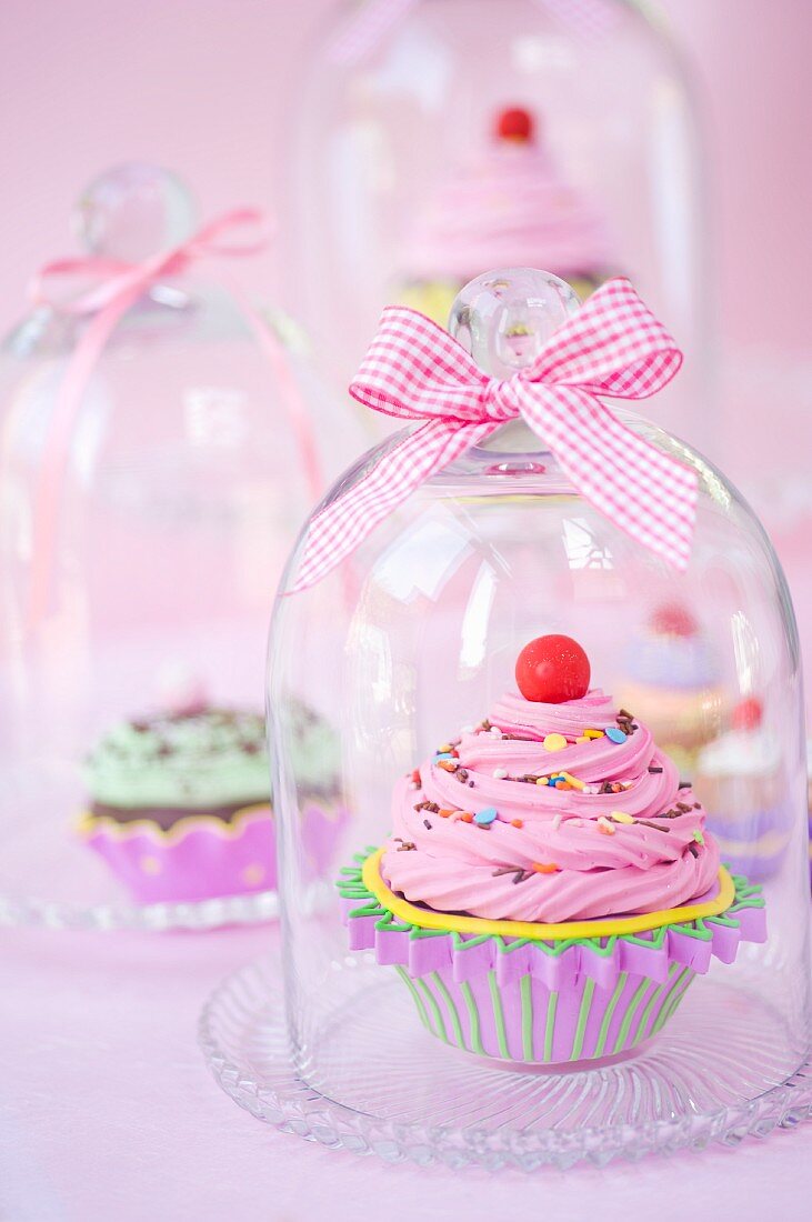 Cupcakes under glass covers with ribbons