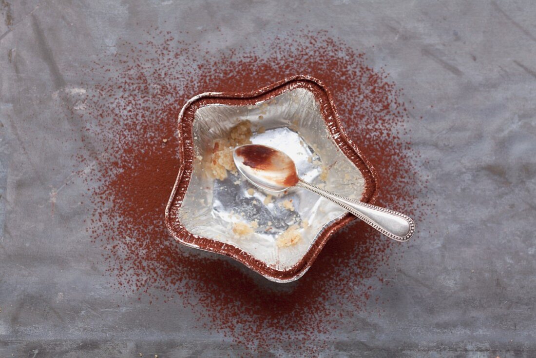 Star-shaped foil baking case with the remnants of an individual chocolate and toffee cake