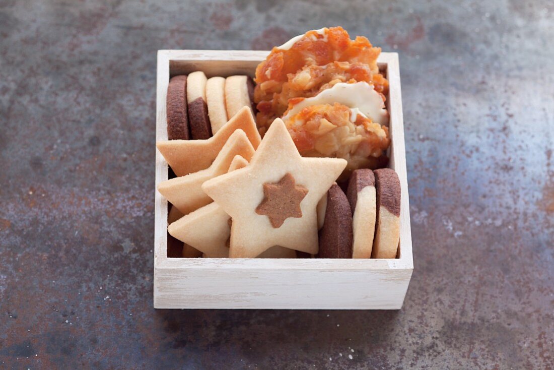 Assorted biscuits in a small wooden box