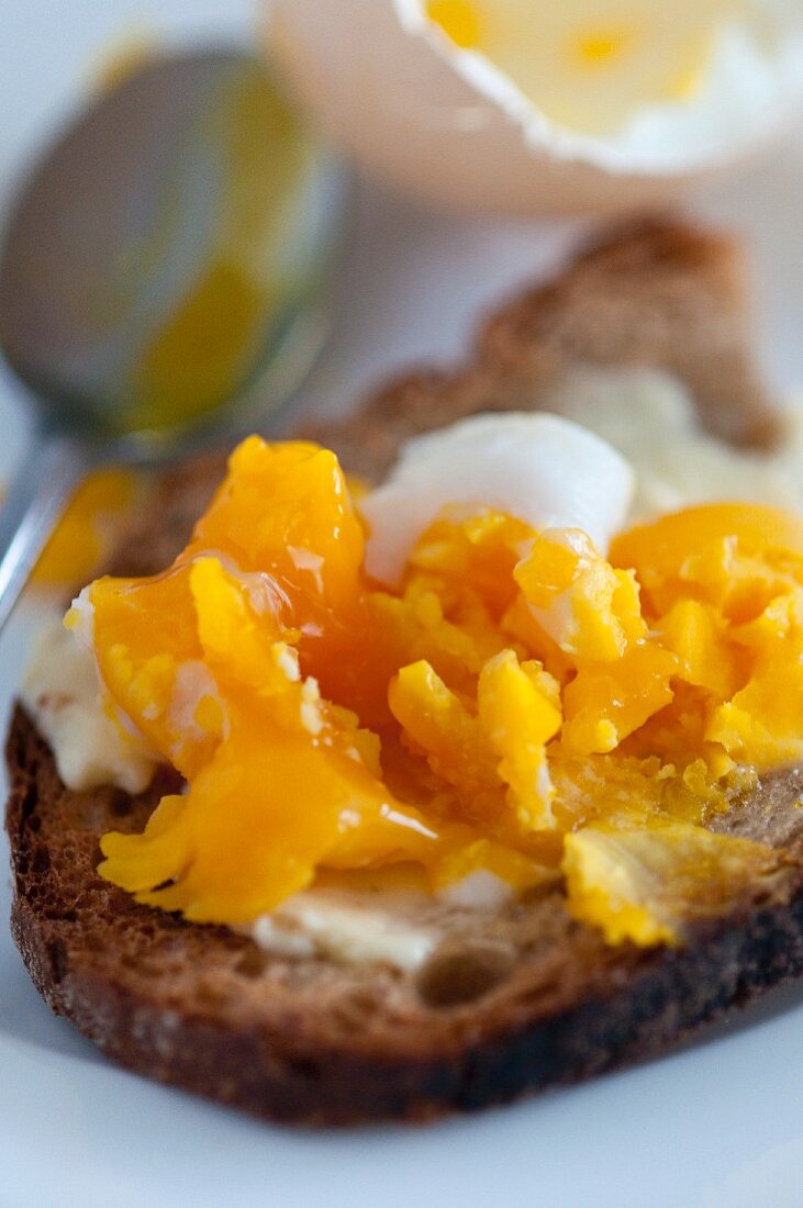 A boiled egg spread across a slice of bread