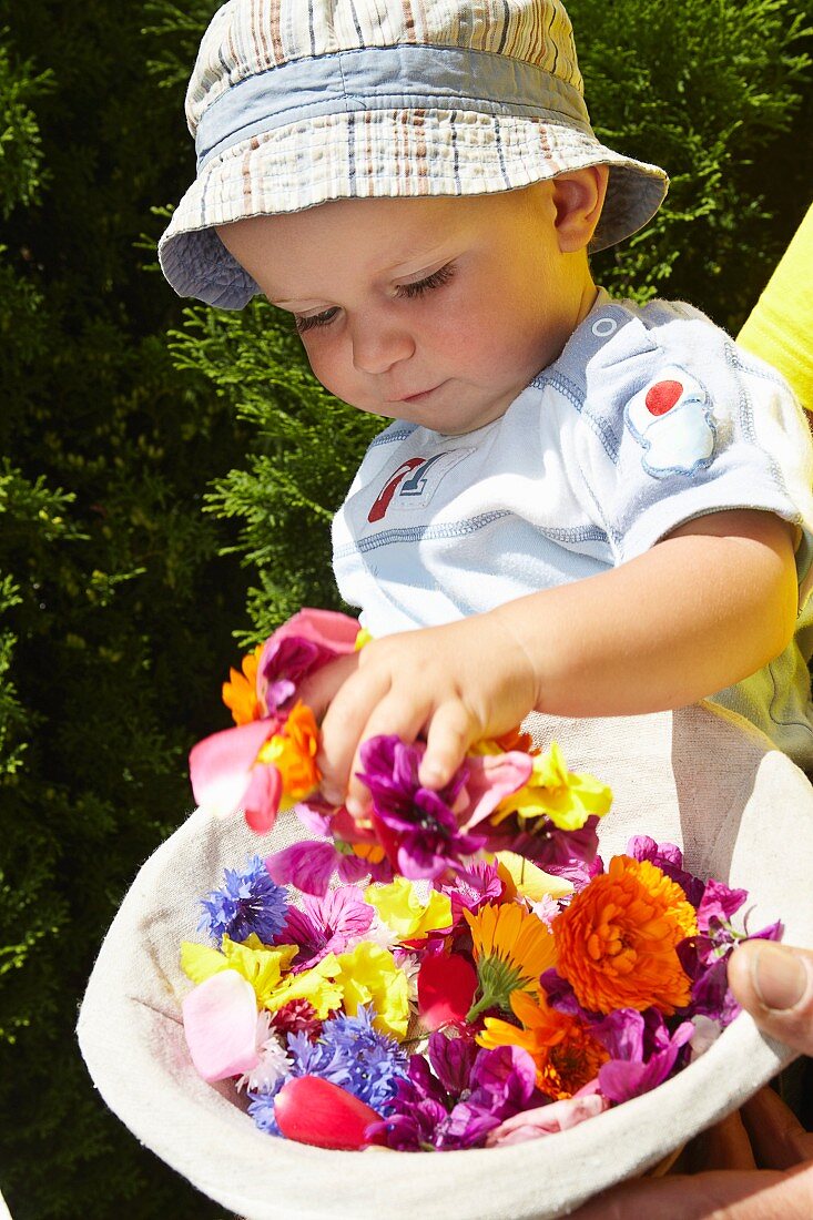 Baby playing with basket of flowers