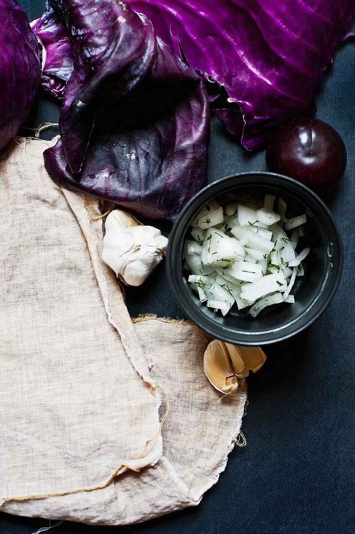 Red cabbage, chopped onions, garlic and a plum