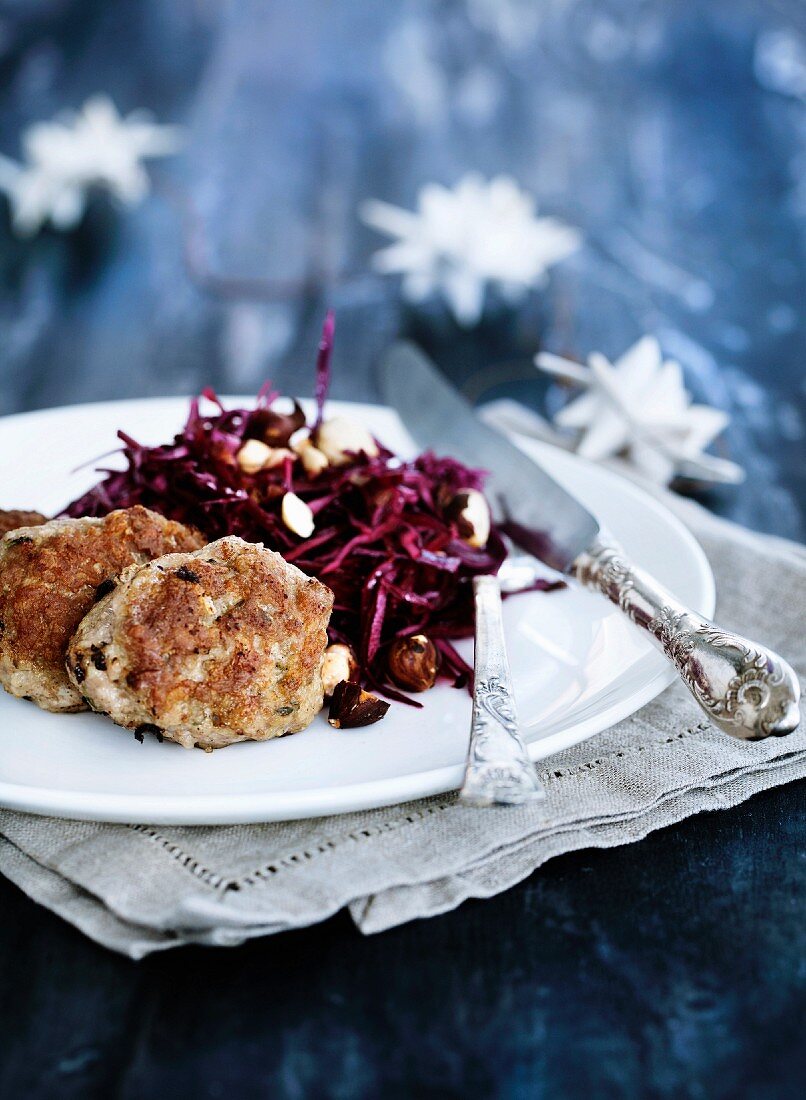 Frikadellen (German meat patties) with red cabbage salad